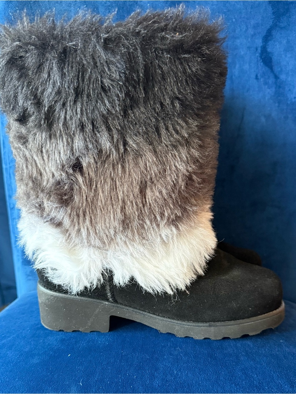 BearPaw Black Boots with Gray and Cream Faux Fur Cuff